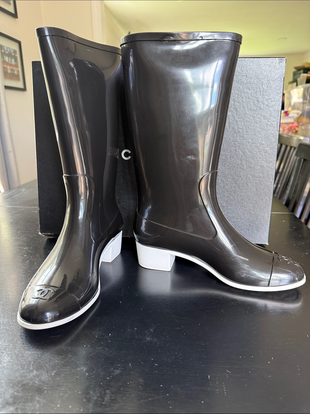 CHANEL Black Gloss Rain Boots with White Sole